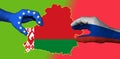 The flag of Belarus is inscribed in the contour map of the country. Hands with applied flags of the European Union and Russia are Royalty Free Stock Photo