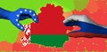 The flag of Belarus is inscribed in the contour map of the country. Hands with applied flags of the European Union and Russia are Royalty Free Stock Photo