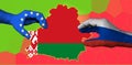 The flag of Belarus is inscribed in the contour map of the country. Hands with applied flags of the European Union and Russia are Royalty Free Stock Photo