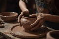 Hands Applying Glaze To Clay Pot. Generative AI