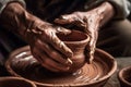 Hands Applying Glaze To Clay Pot. Generative AI