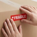 Hands Applying Red Fragile Label on Cardboard Shipping Box Royalty Free Stock Photo