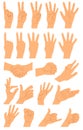 Hands and arms expressions. Hands poses big set, ok, help handshake and press touch, praying and meditation, numbers