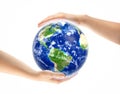 Hands around Earth globe isolated on white Royalty Free Stock Photo