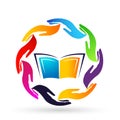 Hands around the world globe education book  save care diversity logo icon clip art Royalty Free Stock Photo