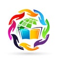 Hands around the world globe education book  save care diversity logo icon clip art Royalty Free Stock Photo