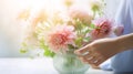Hands arranging flowers in a vase by bright sunlight Royalty Free Stock Photo