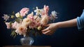 Hands arranging flowers in a vase by bright sunlight Royalty Free Stock Photo