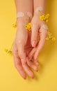 Hands art flower natural cosmetics women, yellow beautiful, spring flowers hand with bright contrast makeup, hand care. Fashion,