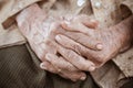 Hands Asian elderly woman grasps her hand on lap, pair of elderly wrinkled hands in prayer sitting alone in his house, World