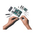 Hands assembling computer processor onto green circuit board with tools image Royalty Free Stock Photo