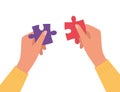 Hands assembling puzzle pieces together. Vector illustration