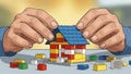 Assembling a small house made of colorful toy bricks, including red, Royalty Free Stock Photo