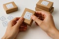 Hands attaching rfid tag to cardboard box for inventory management and tracking in warehouse efficient logistics and modern Royalty Free Stock Photo