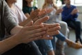 Hands of audience applauding speaker, presenter for speech, presentation, training Royalty Free Stock Photo