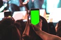 Hands of audience crowd people taking photo with mobile smart phone with green screen in party concert Royalty Free Stock Photo