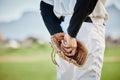 Hands, back view or baseball player training for a game or match on outdoor field or sports stadium. Fitness, softball Royalty Free Stock Photo