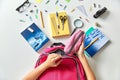 Hands with backpack, books and school supplies Royalty Free Stock Photo