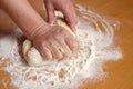 Hands of the baker knead dough in a flour