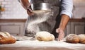 Hands of baker`s male knead dough Royalty Free Stock Photo