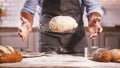 Hands of baker`s male knead dough Royalty Free Stock Photo