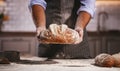 Hands of baker`s male knead dough