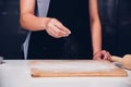 Hands of baker woman female making sprinkling flour dough Royalty Free Stock Photo