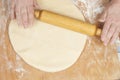 Hands baking dough with rolling pin Royalty Free Stock Photo