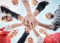 Hands, baseball motivation or sports men in huddle with support, hope or faith on field in fun game together. Teamwork Royalty Free Stock Photo