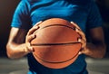 Hands, basketball and sports man ready for outdoor match game training with athletic grip closeup. Fitness, exercise and Royalty Free Stock Photo