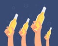 Hands with beer bottles. Excited girls and men toasting beer. Hanging out friends vector concept