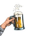 Hands with beer mugs. Colorful drawn poster with pub glass. Human holding transparent cup full of foamy drink. Alcoholic