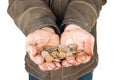 Hands of a beggar with coins Royalty Free Stock Photo