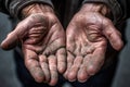 Hands of a beggar. Poor man\'s hands. Poverty concept. Generative Ai image