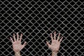 Hands behind the chain link fence on black Royalty Free Stock Photo