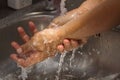 Hands being washed under stream of water