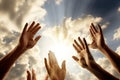 The hands of believers reach for the sky, religion. Generative ai Royalty Free Stock Photo