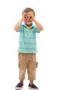 Hands, binoculars and portrait of kid search, find or inspection in white background of studio. Curious, vision and