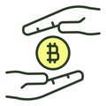 Hands with Bitcoin Token vector Cryptocurrency colored icon or sign