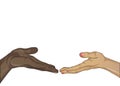 Hands of a black man and a white woman is drawn into each other