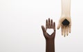 Hands of black man and woman couple holding black and white show love and friendship between people