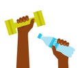 Hands black skin hold dumbbell and bottle water. Time for sports during quarantine and isolation of house. Sport, healthy