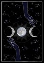 Hands blessing a magic ritual- Pagan dark forces invocation with moon and constellations