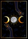 Hands blessing magic ritual- Pagan dark forces invocation with moon and constellations Royalty Free Stock Photo