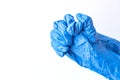Hands in blue rubber gloves