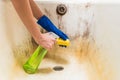 Hands in blue rubber worker hand gloves hold sponge and spray with detergent clean bath tub covered in fungus, dirt and mold Royalty Free Stock Photo