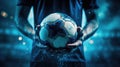 hands blue soccer ball