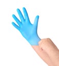 Hands with blue sterile gloves isolated on white bavkground