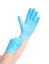 Hands with blue sterile gloves isolated on white bavkground