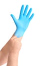 Hands with blue sterile gloves isolated on white bavkground